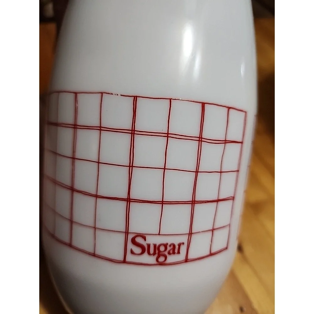 Vintage MCM Deco Wheaton Milk Glass Sugar Canister Red Grid 1.5L Red Lid
